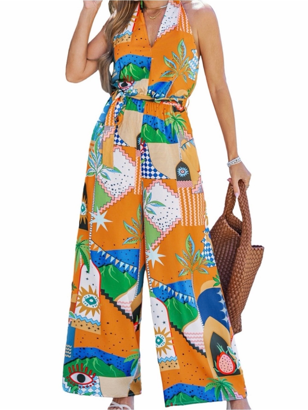Cupshe Orange Tropical Patchwork Halter Jumpsuit